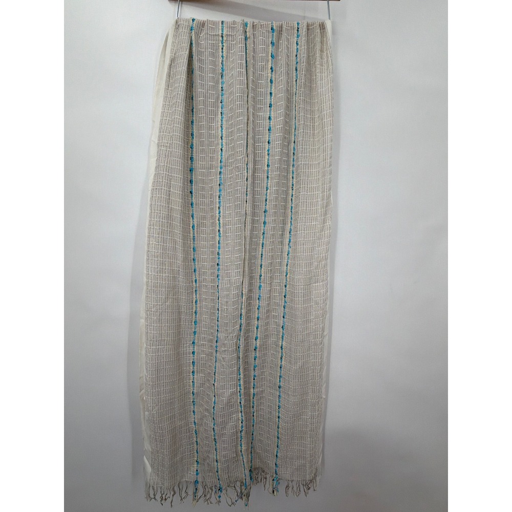 Boho Textured Viscose Scarf Beige Turquoise Striped Tufted Fringe Wrap‎ India